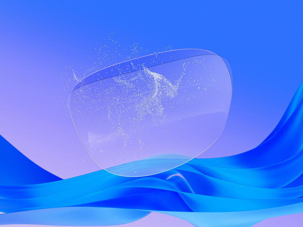 3D CGI illustration of a transparent eyeglass lens undergoing the application of an anti-static coating, demonstrating its ability to repel dust particles and maintain a clean surface.