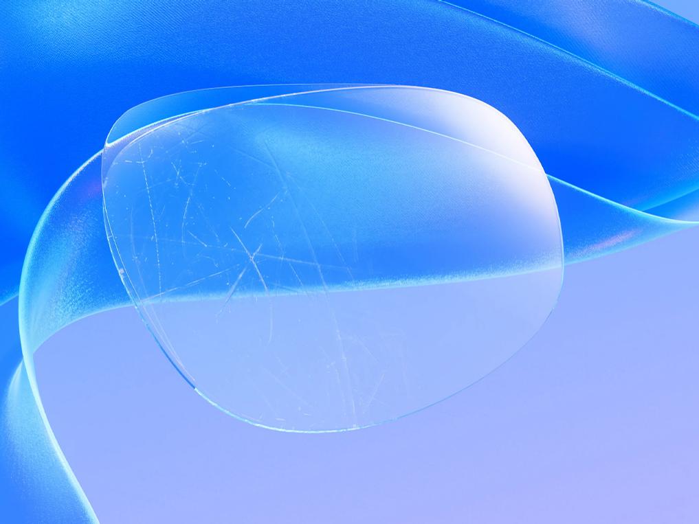 3D CGI illustration of a scratched eyeglass lens receiving a thin coating application that effectively conceals the scratches, resulting in a clear and pristine lens surface.