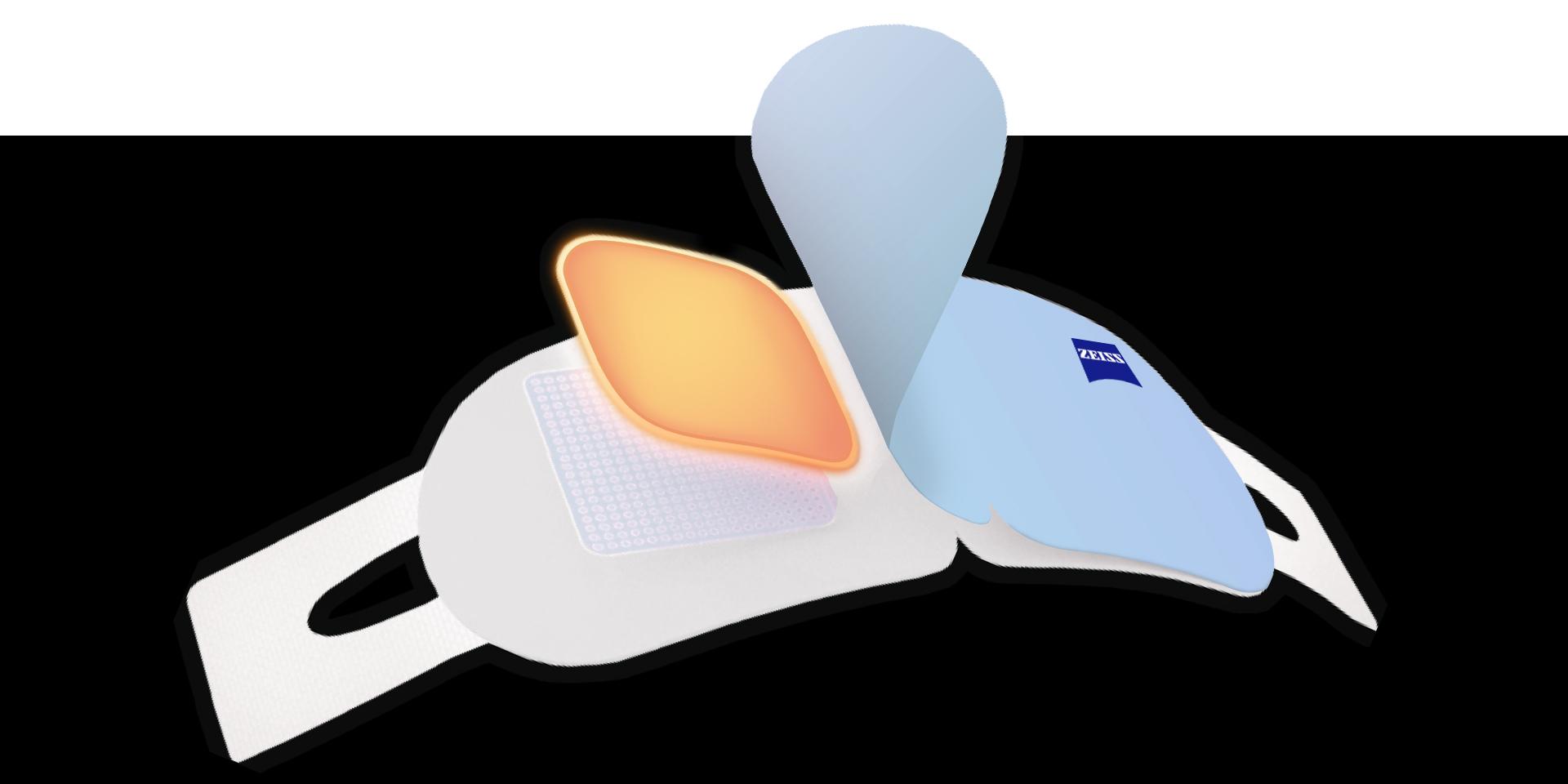 A CGI illustration of ZEISS Warm Eye Mask showing the different components: the central core, the breathable film and the soft top layer.