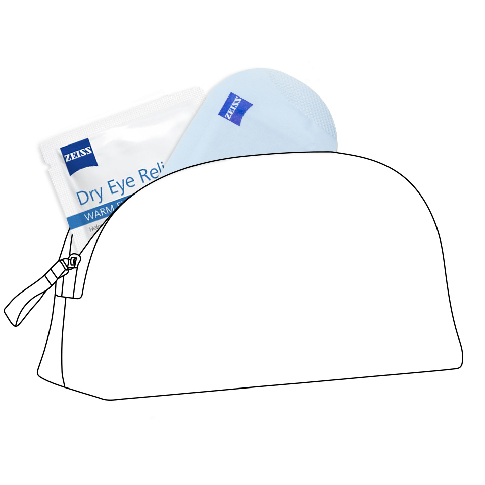 An illustration of a cosmetics bag with a packed and unpacked ZEISS Warm Eye Mask.