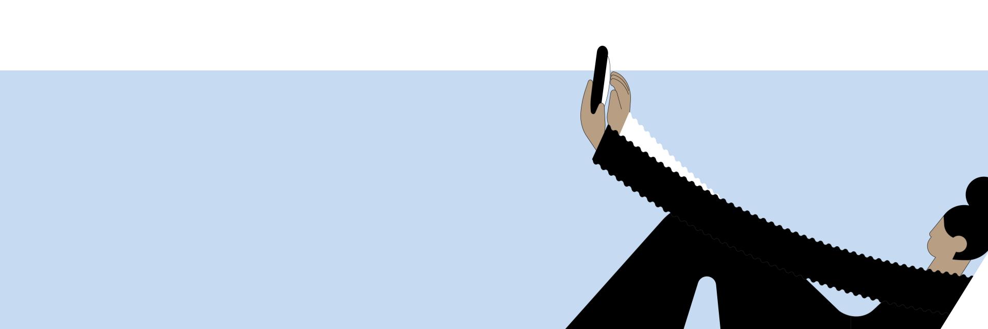 An illustration of a women holding her smartphone with very long arms.