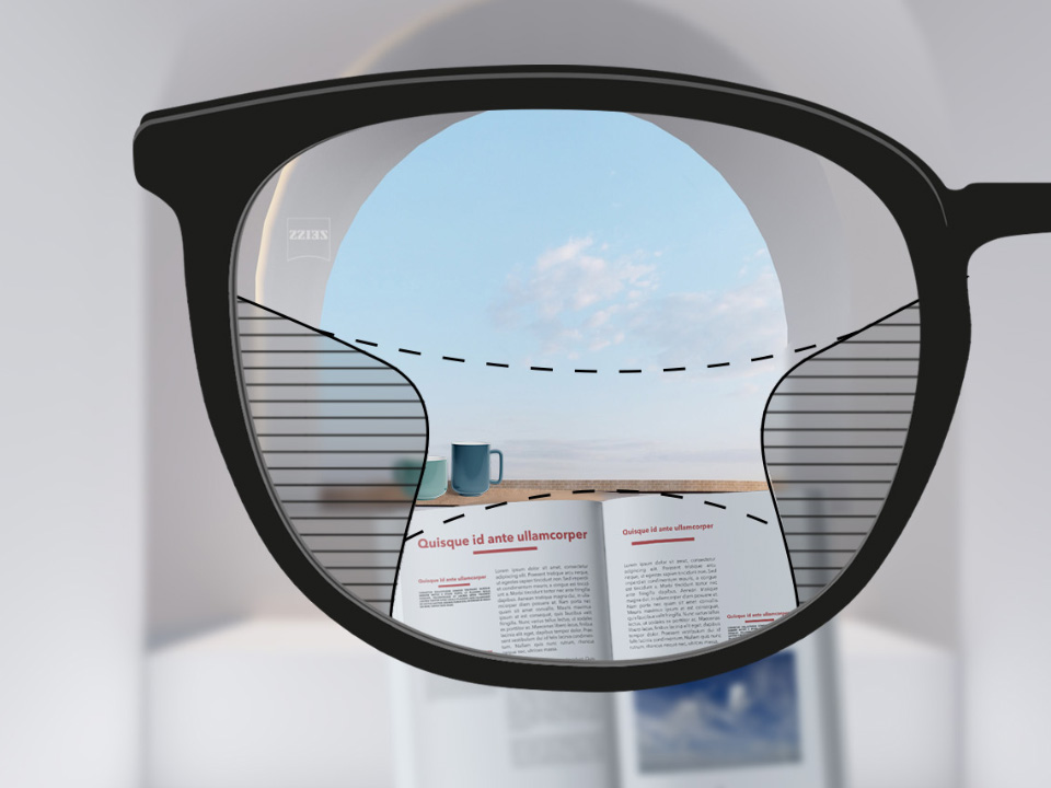 Schematic point-of-view illustration through a ZEISS Progressive Light 2 lens showing medium wide fields of view in the near (book) and far (sky) and soft transitions between the blur zones.