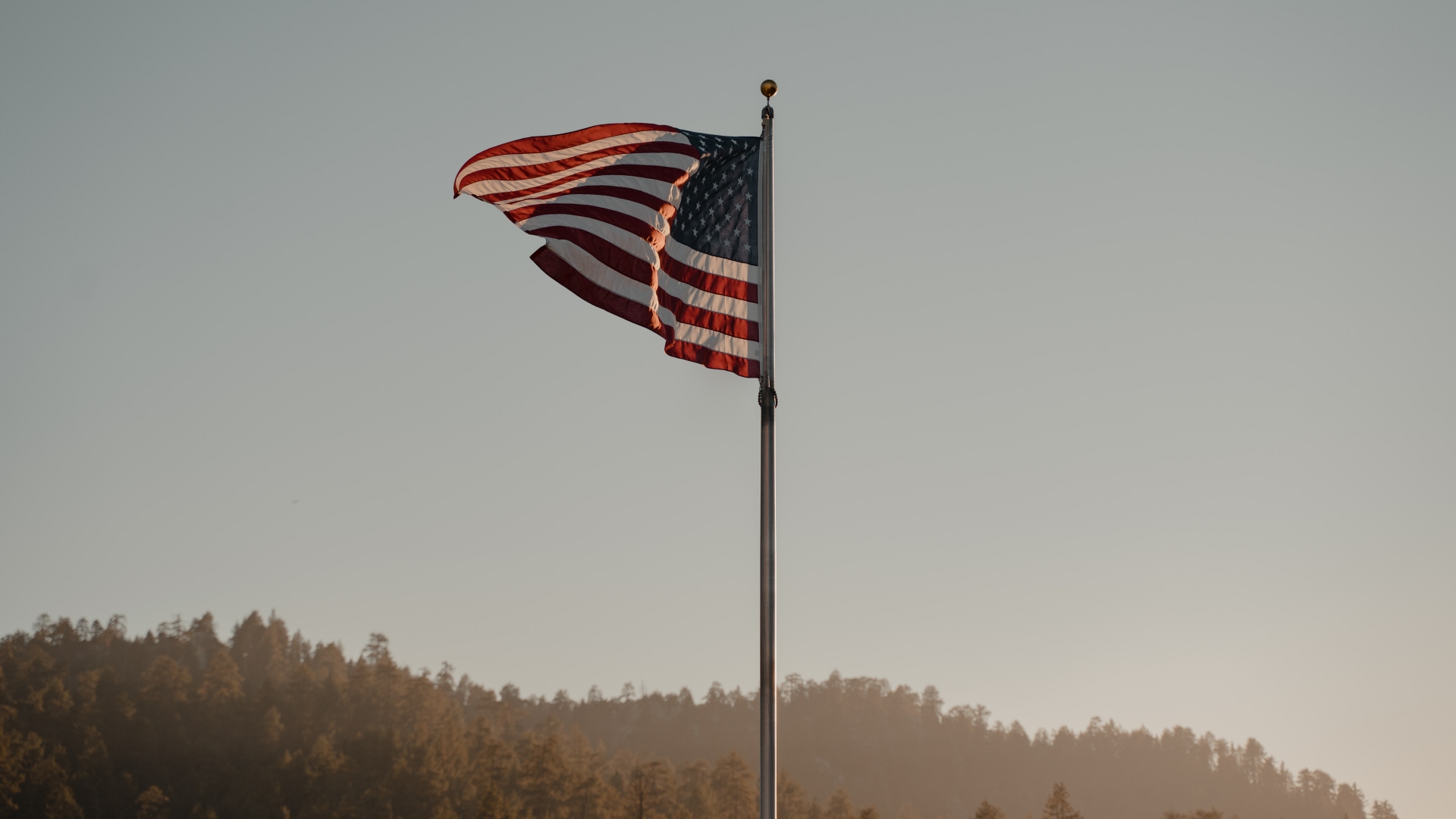 A large American flag flutters in the breeze, a tribute to veteran's day.