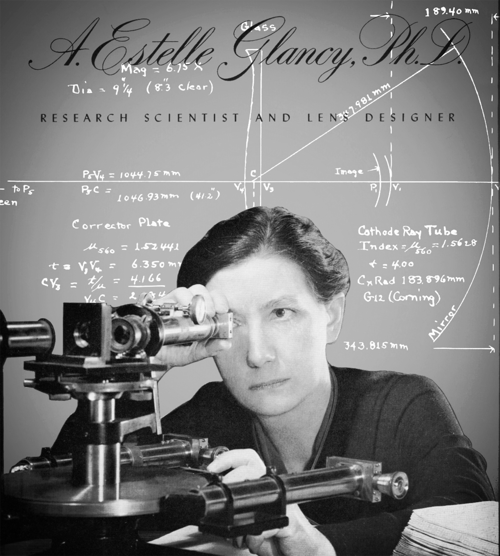 A 1930 magazine cover showing a woman (Dr. Anna Estelle Glancy) looking through a microscope. The headline reads: A. Estelle Glancy Ph.D., Research Scientist and Lens Designer