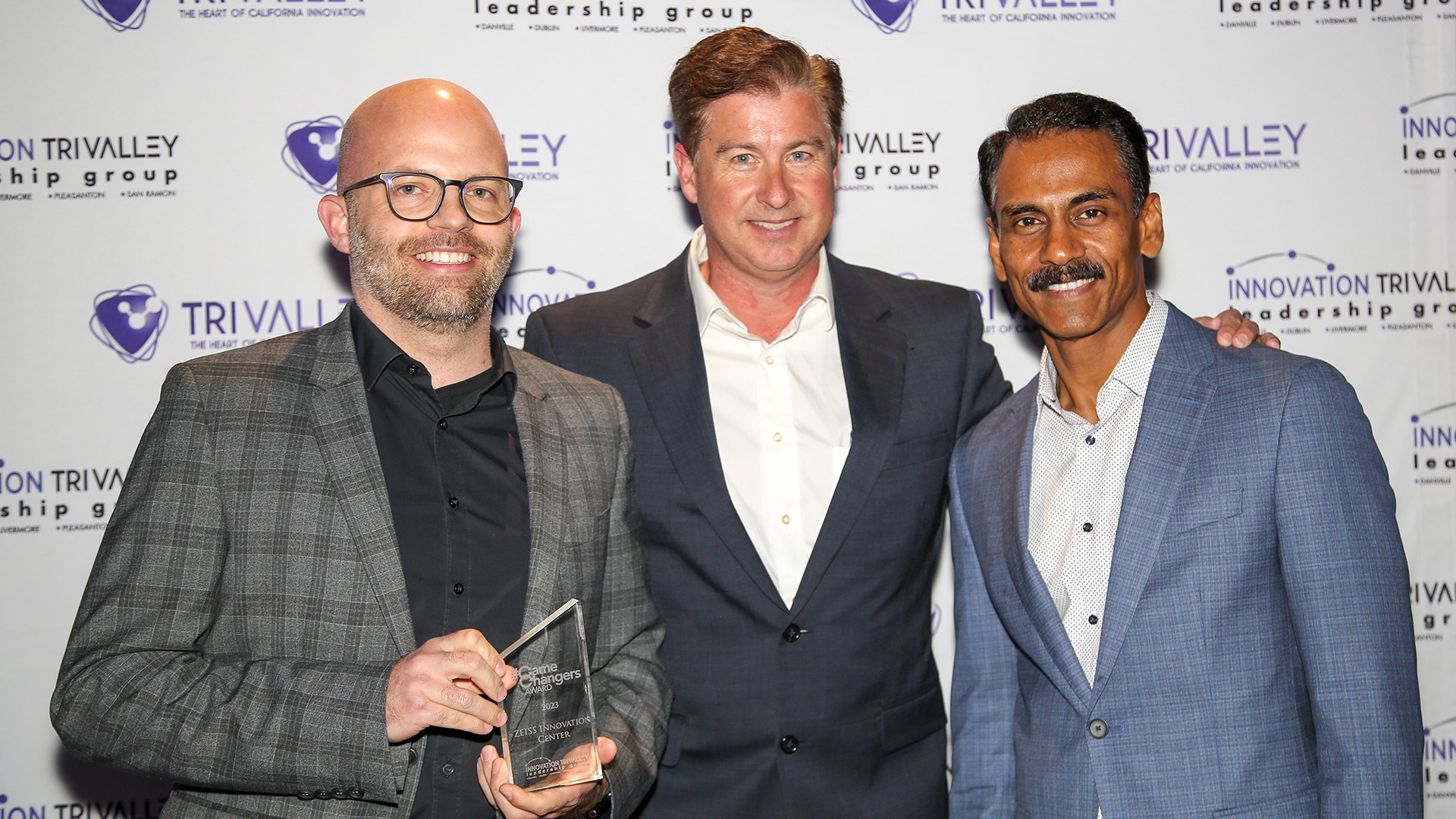 Florian Mezger, Head of Shared Services and Head of HR at ZEISS, David Haubert, Alameda County Supervisor, and Jay Vijayan, CEO and founder of Tekion, a 2022 #GameChanger - from left to right.