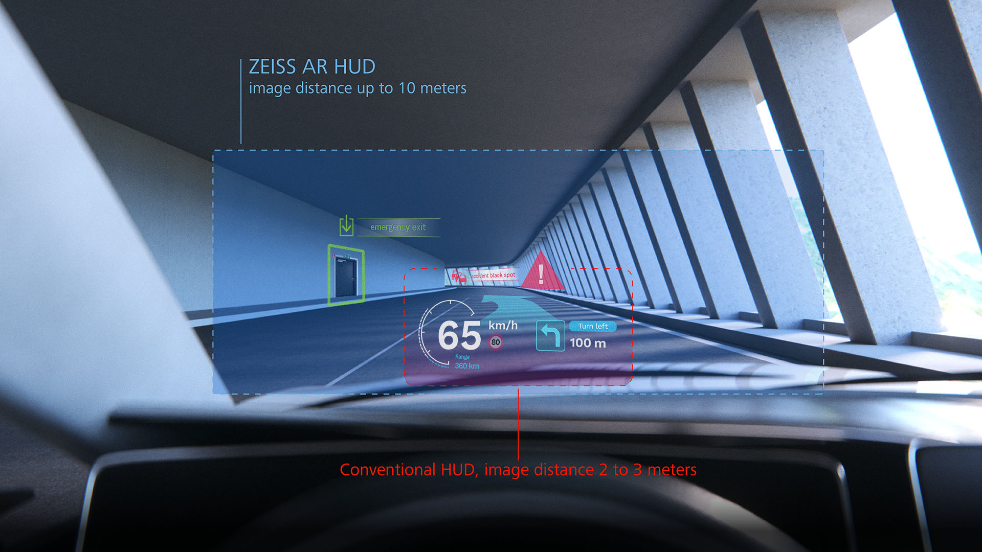 Ultra-compact, holographic augmented reality HUDs from ZEISS project a complete field of view as a virtual image onto the windshield.