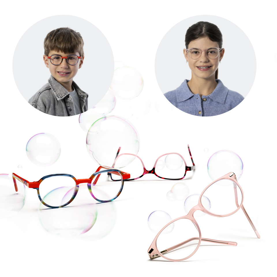 A portrait photograph of a young boy wearing glasses, with another portrait photograph of an older girl wearing glasses next to it. Below the two portrait shots are various spectacle frames and lenses.
