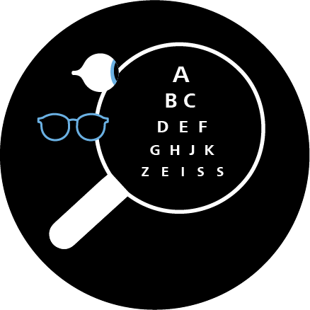 Abbildung einer Brille, eines Auges und einer Lupe, die die Buchstaben bei einem Sehtest vergrößert. 