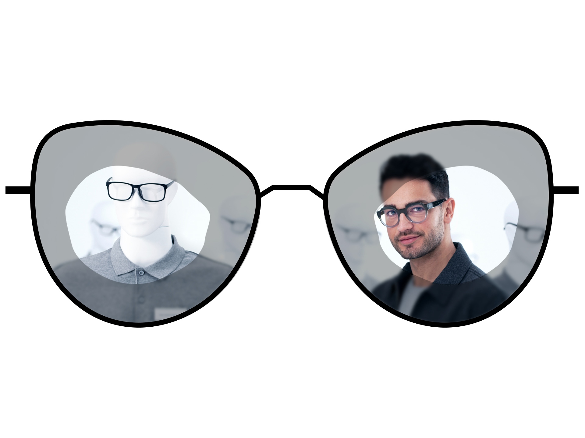 此眼镜插图展现了标准单光镜片的模糊区域，并与 ZEISS 泽锐单光镜片的大范围清晰视野区域进行了比较。