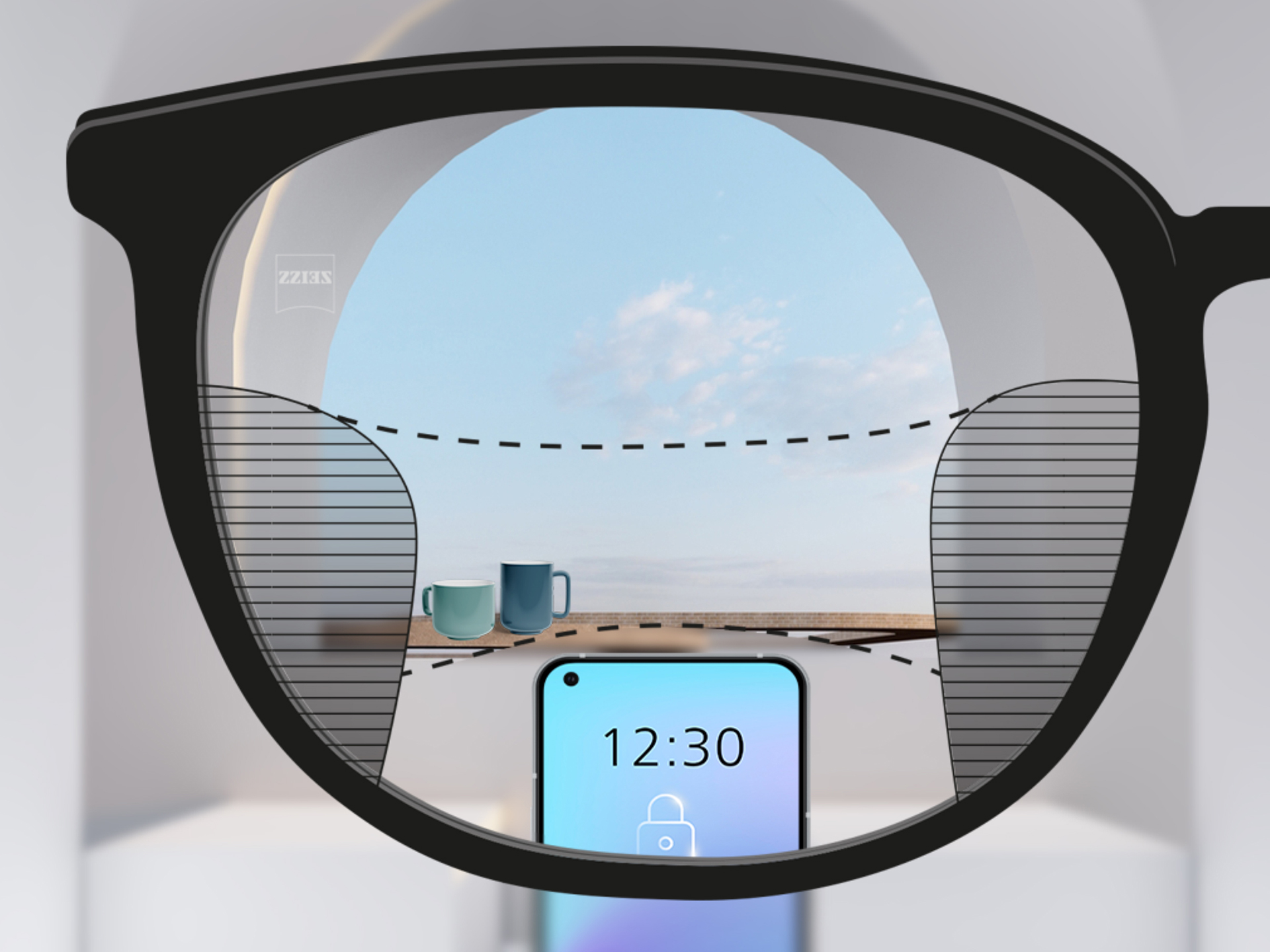 Abbildung mit Blick durch ein ZEISS SmartLife Gleitsichtglas: Die unscharfen Zonen im linken und rechten Teil des Brillenglases sind klein, wodurch es große Zonen mit klarer Sicht gibt.