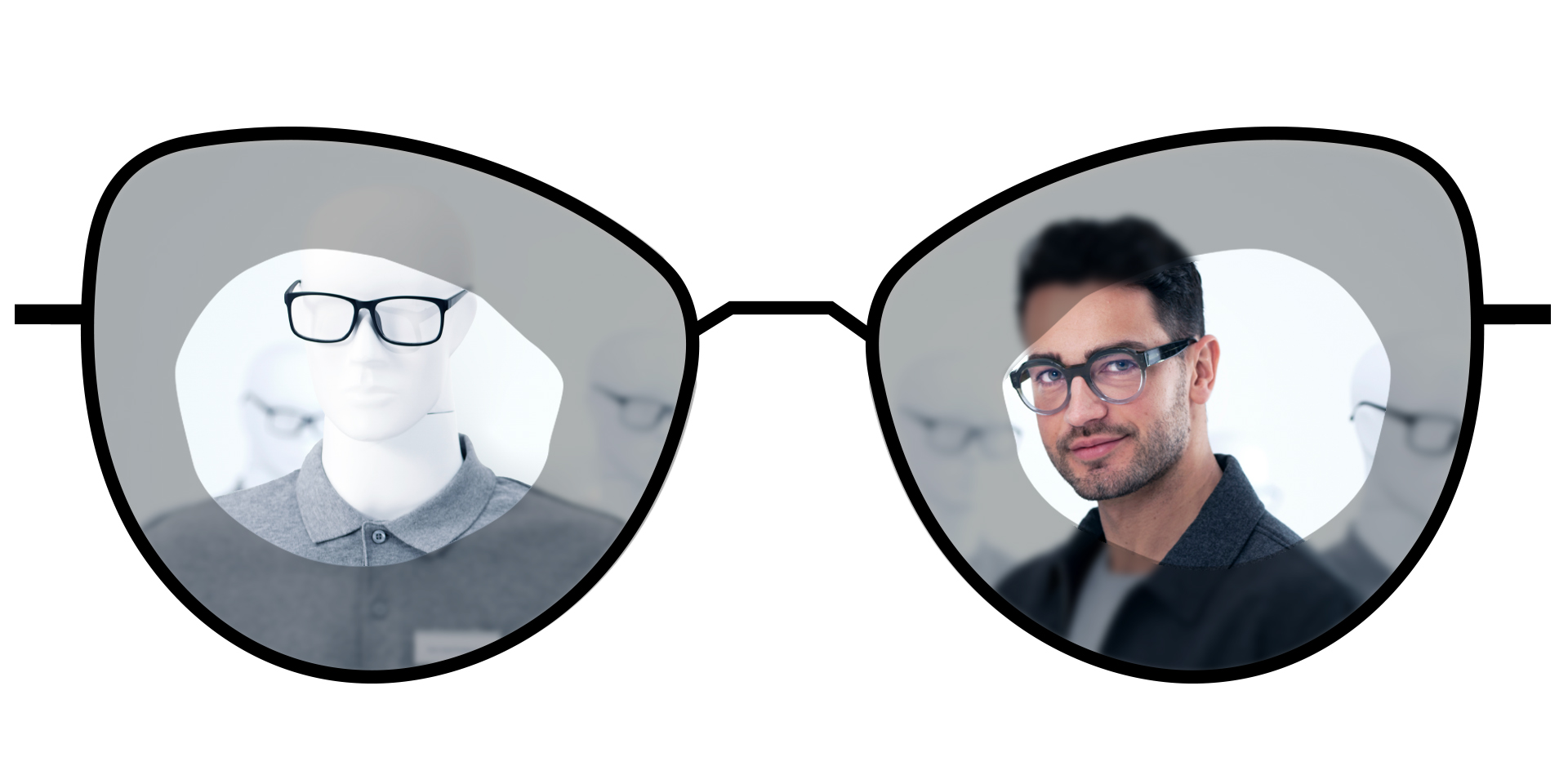 Vergleichende Darstellung von Brillen mit Standard-Einstärkengläsern und verschwommener Sicht und ZEISS ClearView Einstärkengläsern mit großen, klaren, scharfen Sichtzonen.