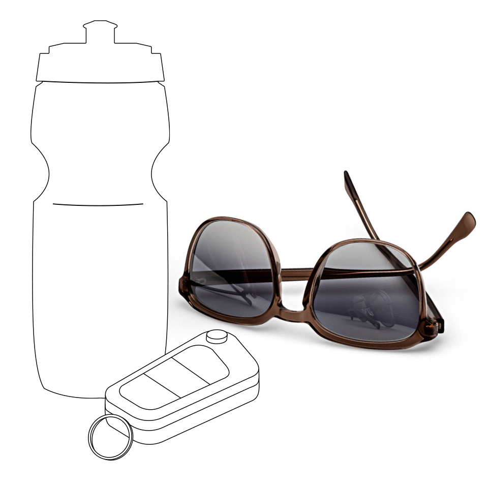 An illustrated sports drinking bottle and car keys next to a real image of ZEISS sunlenses with a grey gradient colour.