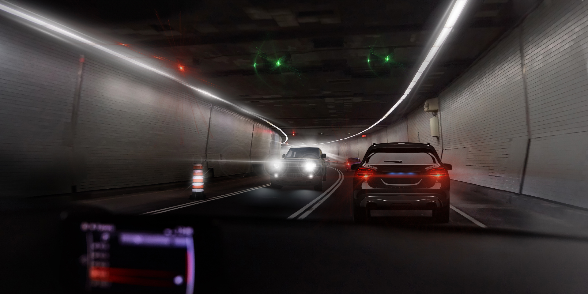 Two images of the point of view of a driver in a tunnel with oncoming traffic, showing on one image glare from the car and tunnel lights and on the other image clearly reduced glare.