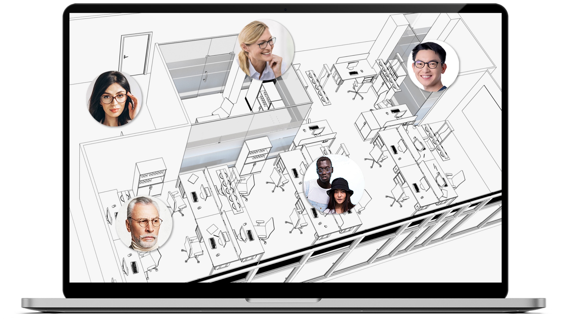 Laptop with an office layout drawing on the screen, showing where different co-workers are located. Each area has a small round image of different people all wearing ZEISS Office glasses.