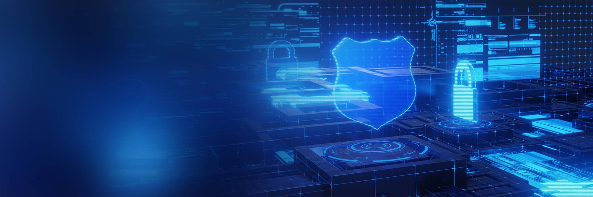 Glowing blue digital representation of a shield and a padlock on a grid with technical elements.