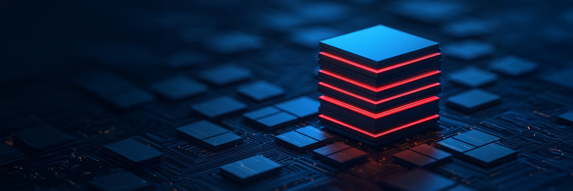 Stacked microchips with glowing red edges are arranged on a dark circuit board
