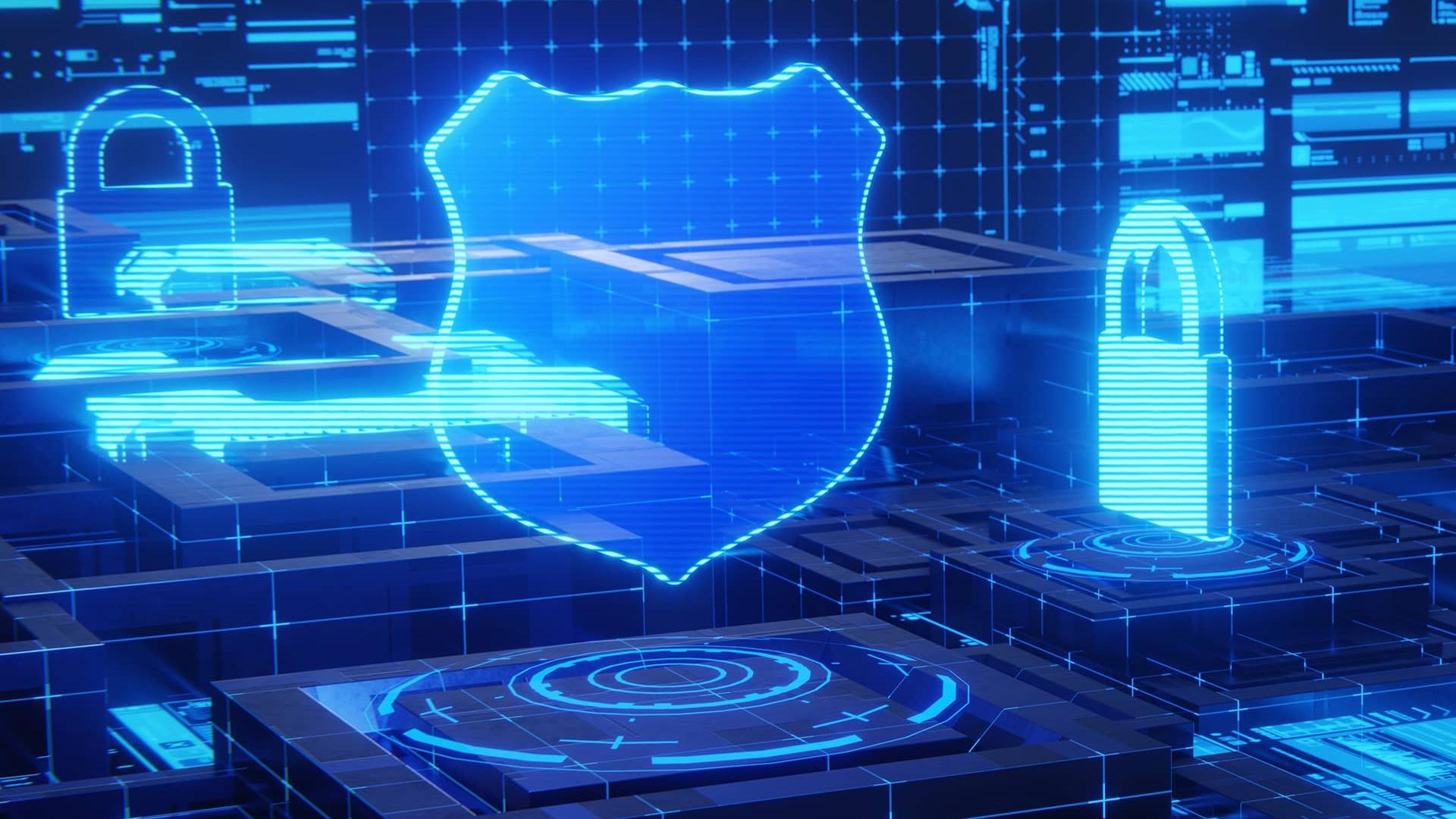 Digital illustration of a futuristic cybersecurity interface featuring a glowing shield and padlock symbol within a high-tech network environment.