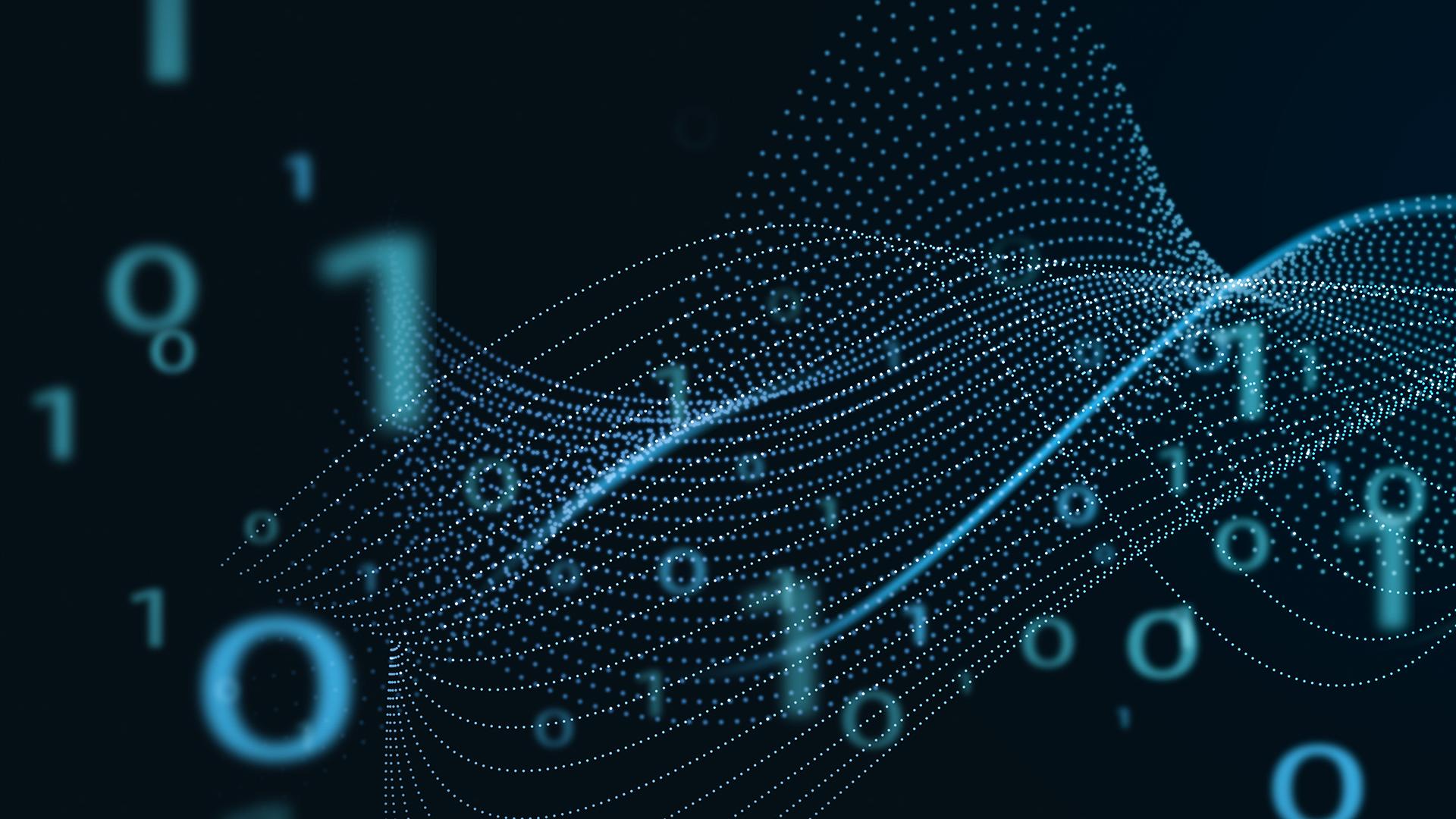 Digital abstract image showing binary code, waveforms, and glowing light elements representing data flow and technology.