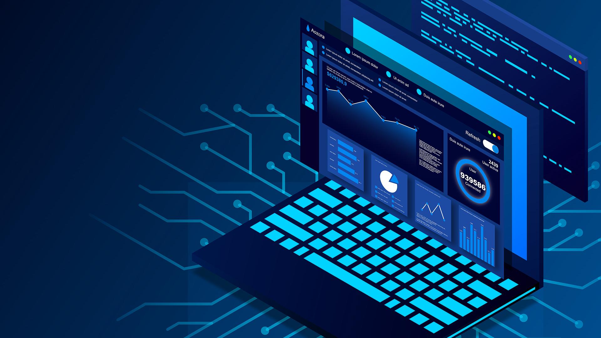 Digital illustration of a laptop displaying multiple overlapping data dashboards and charts