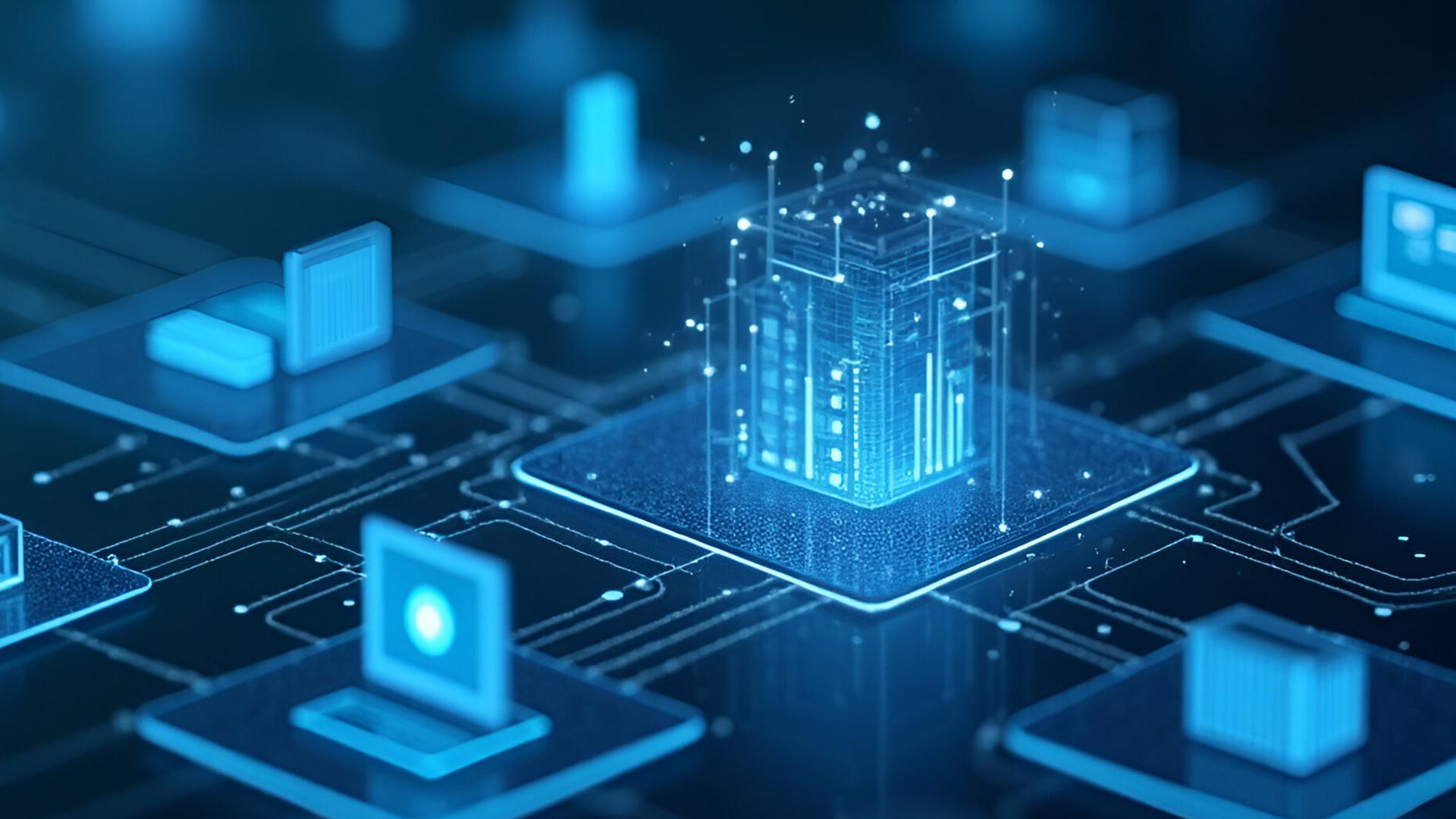 Digital illustration of a central data server surrounded by connected devices, symbolizing a high-tech network system.