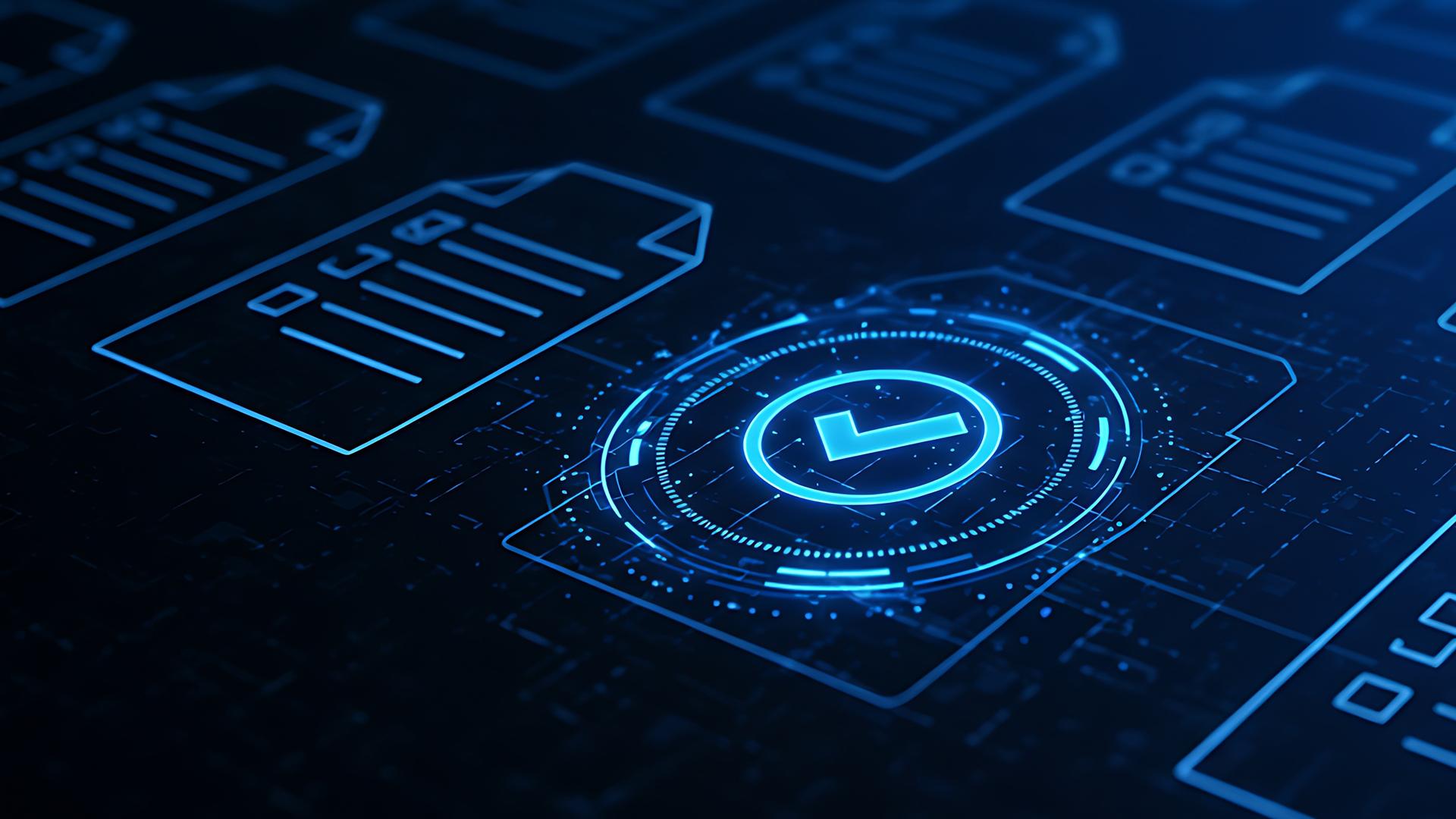 Digital graphic showing glowing file icons and a central checkmark symbol, representing data validation or document approval.