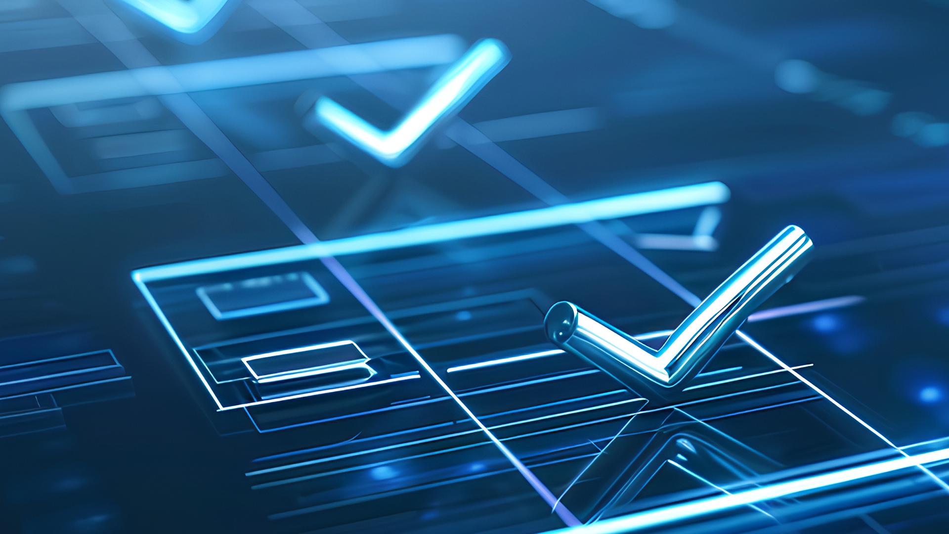 Digital illustration of glowing checkmarks overlaying a futuristic, blue-toned interface, representing completed tasks or approvals.