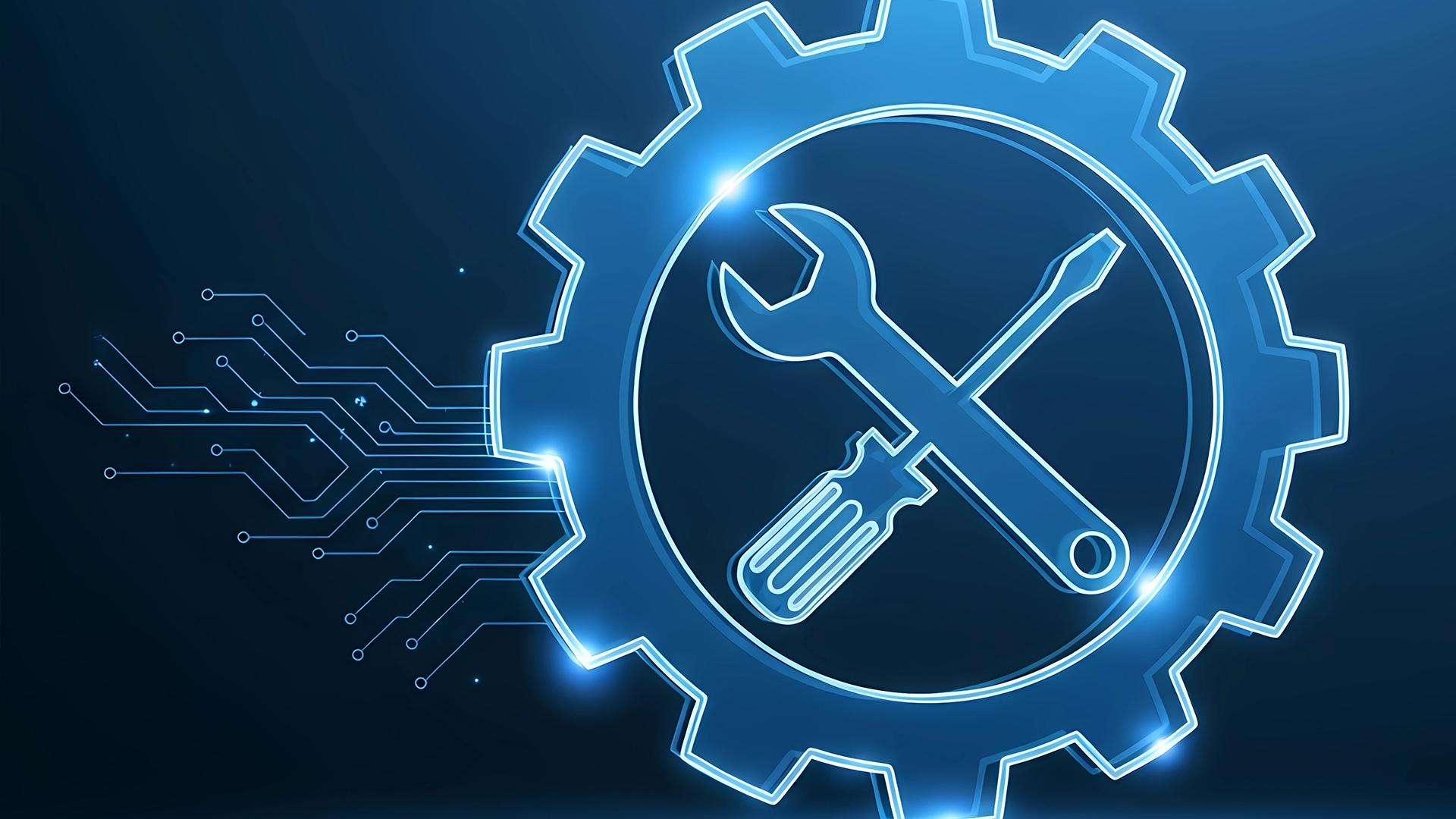 Glowing blue gear with a wrench and screwdriver icon in the center, symbolizing tools and technology, with digital circuit lines extending from the left.