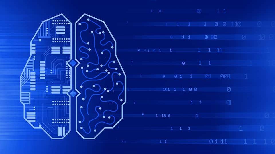 Outline of a brain split in two, left side with circuits, right side with neural connections, on blue background with binary code.