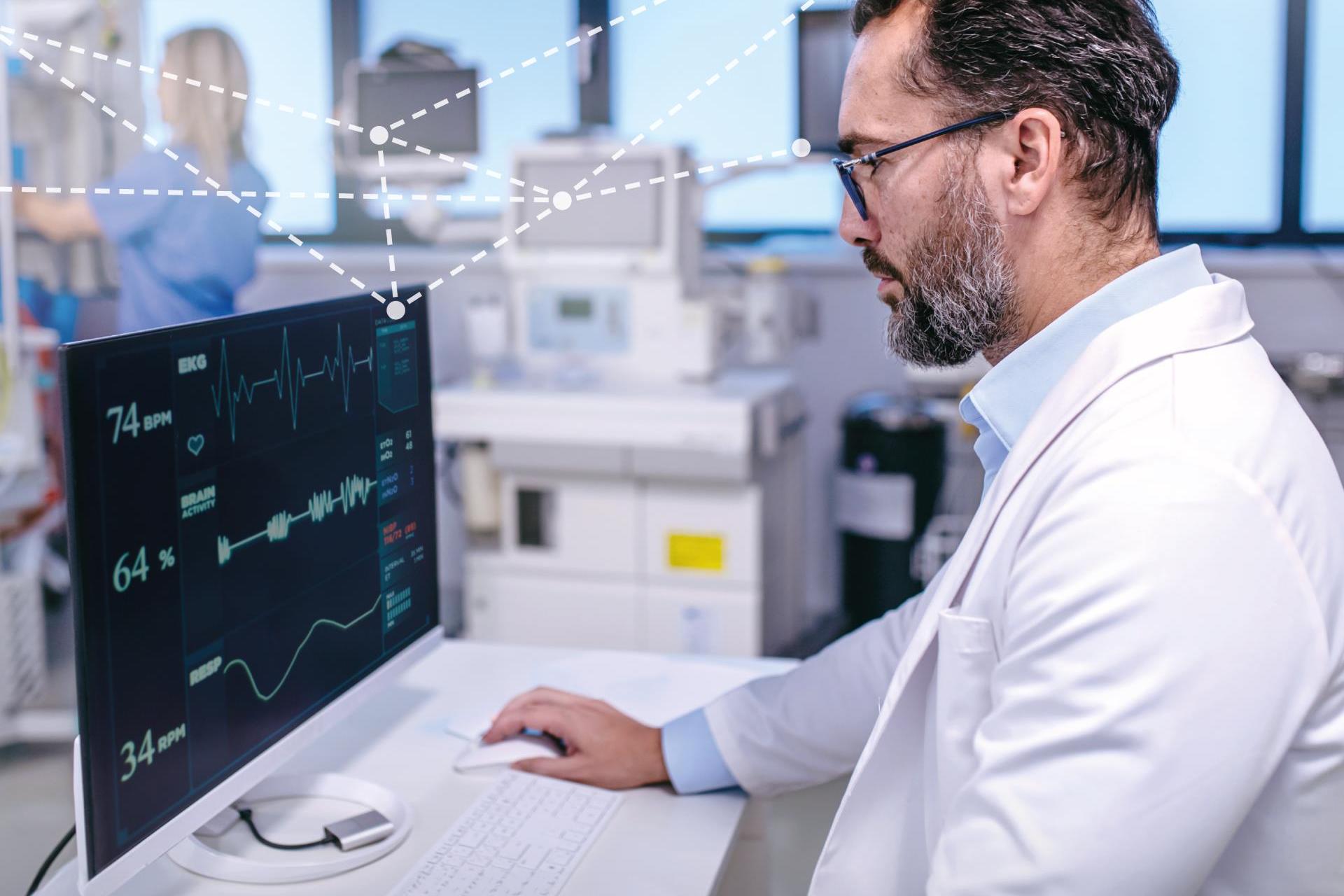 A doctor in a white lab coat analyzes patient vital signs on a high-resolution monitor in a modern medical facility, with ZEISS technology integrated into the environment.