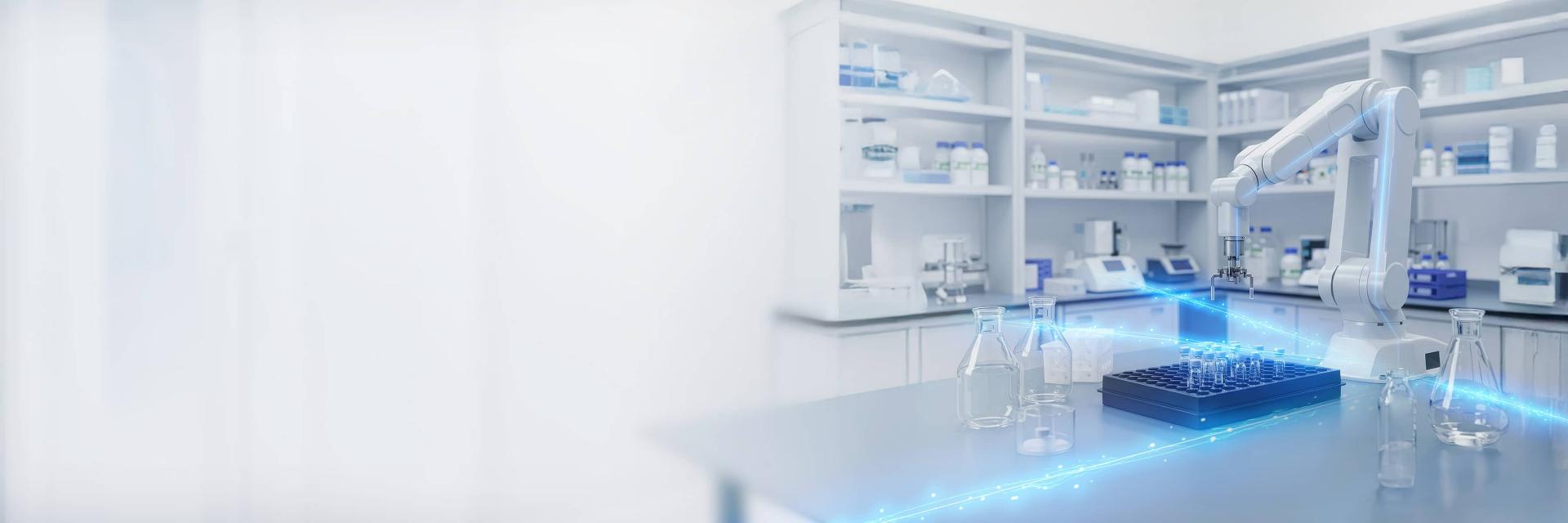 Modern laboratory setting with robotic arm and scientific equipment on a clean workbench, illustrating advanced technology and precision, branded by ZEISS.