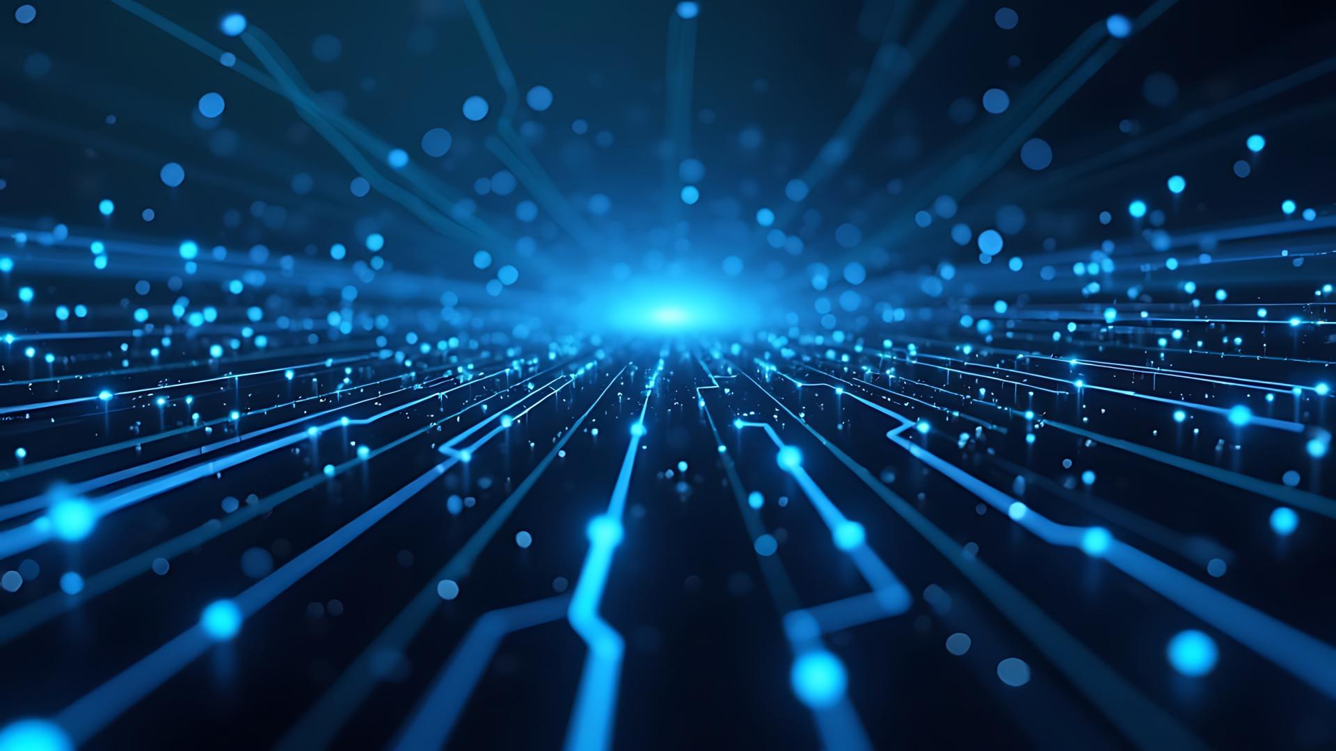 Futuristic digital landscape with glowing blue lines and particles converging toward a bright center.