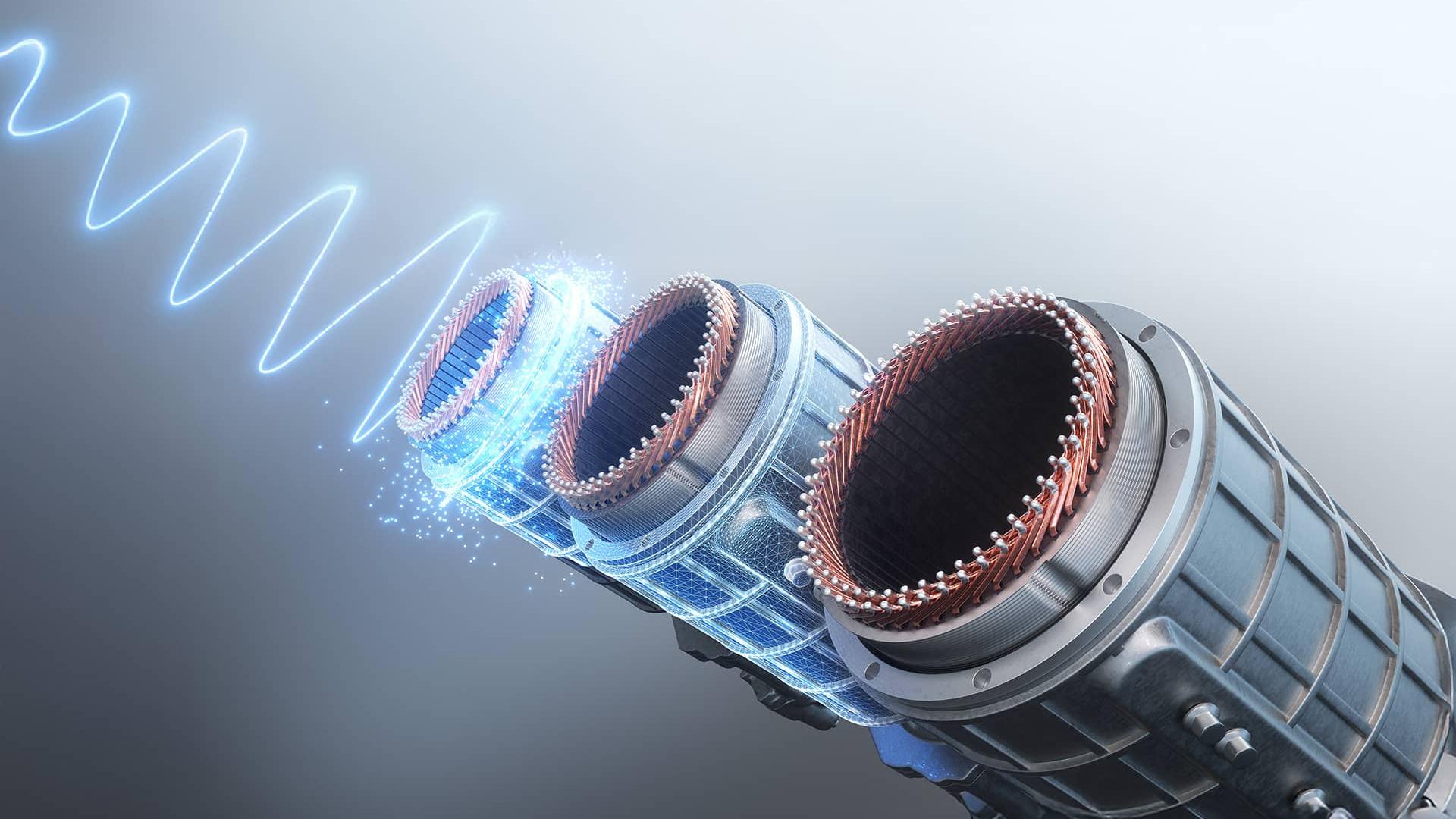 Futuristic visualization of three cylindrical components aligned in a row with a glowing blue wave passing through them.
