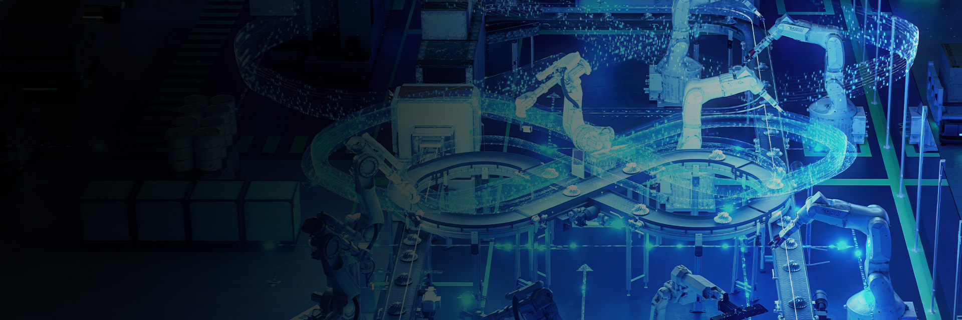 High-tech automated production line with robotic arms and conveyor systems in a modern industrial facility illuminated with blue lighting