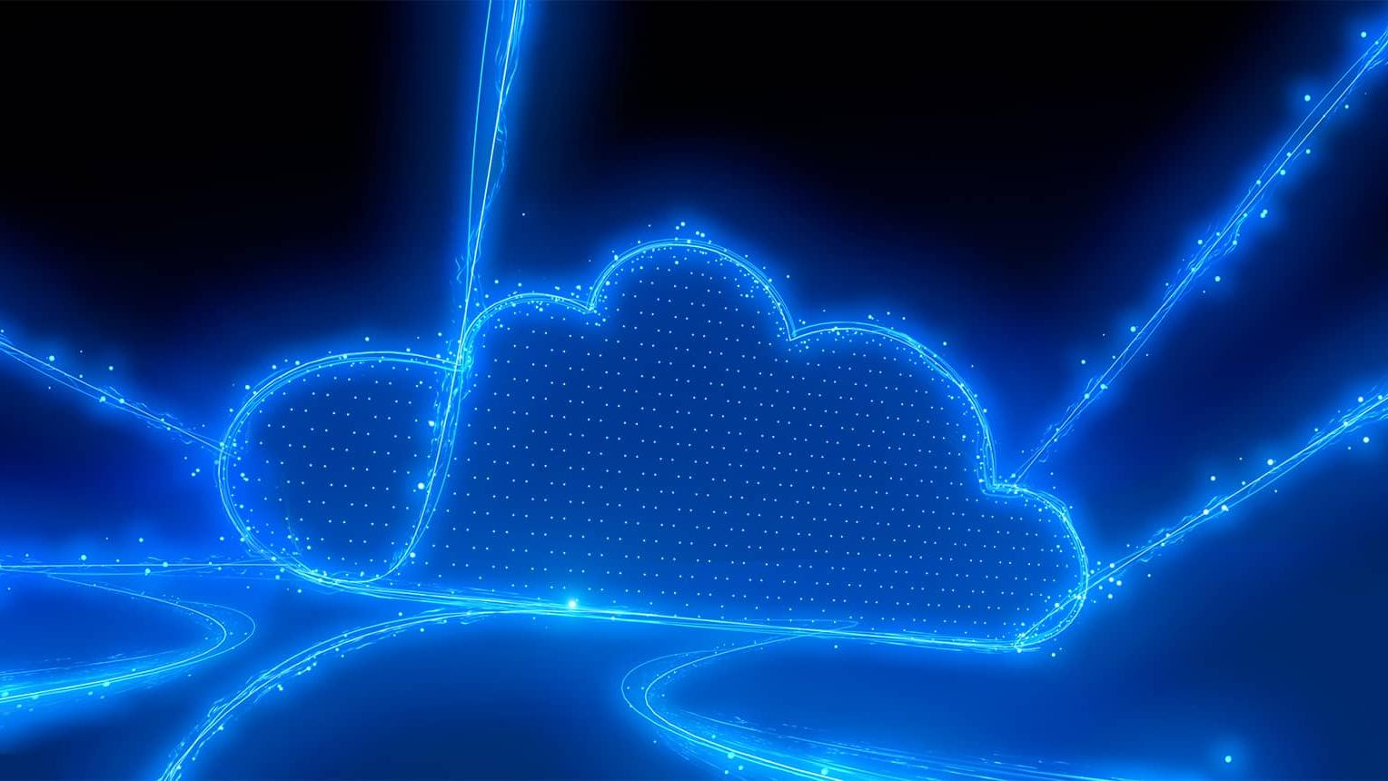 Digital illustration of a glowing blue cloud with multiple light trails connecting to it, symbolizing data flow and cloud computing technology by ZEISS.
