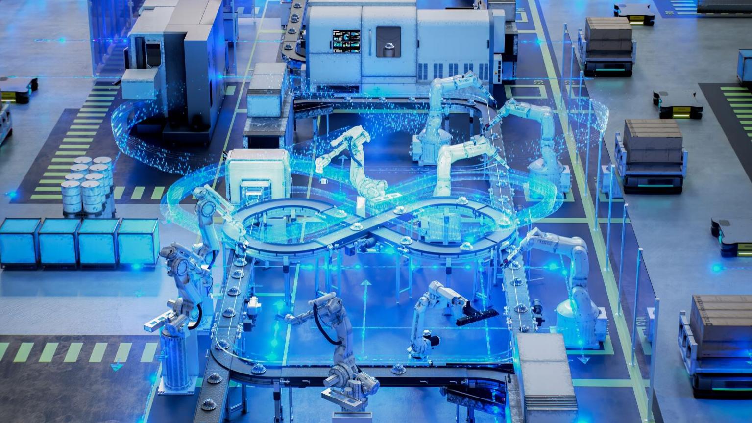 High-tech automated production line with robotic arms and conveyor systems in a modern industrial facility illuminated with blue lighting