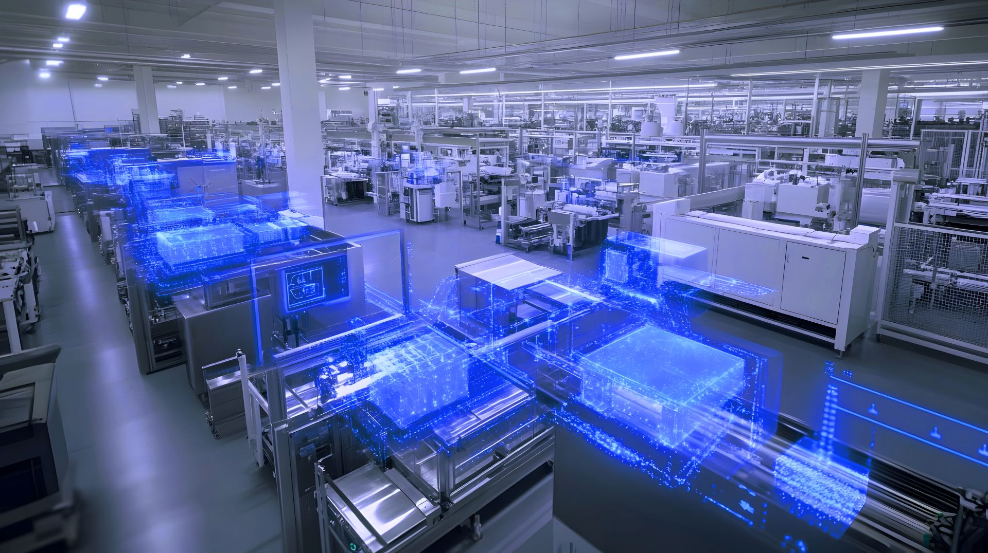 Modern manufacturing facility with advanced machinery and blue digital overlays representing smart production technology.