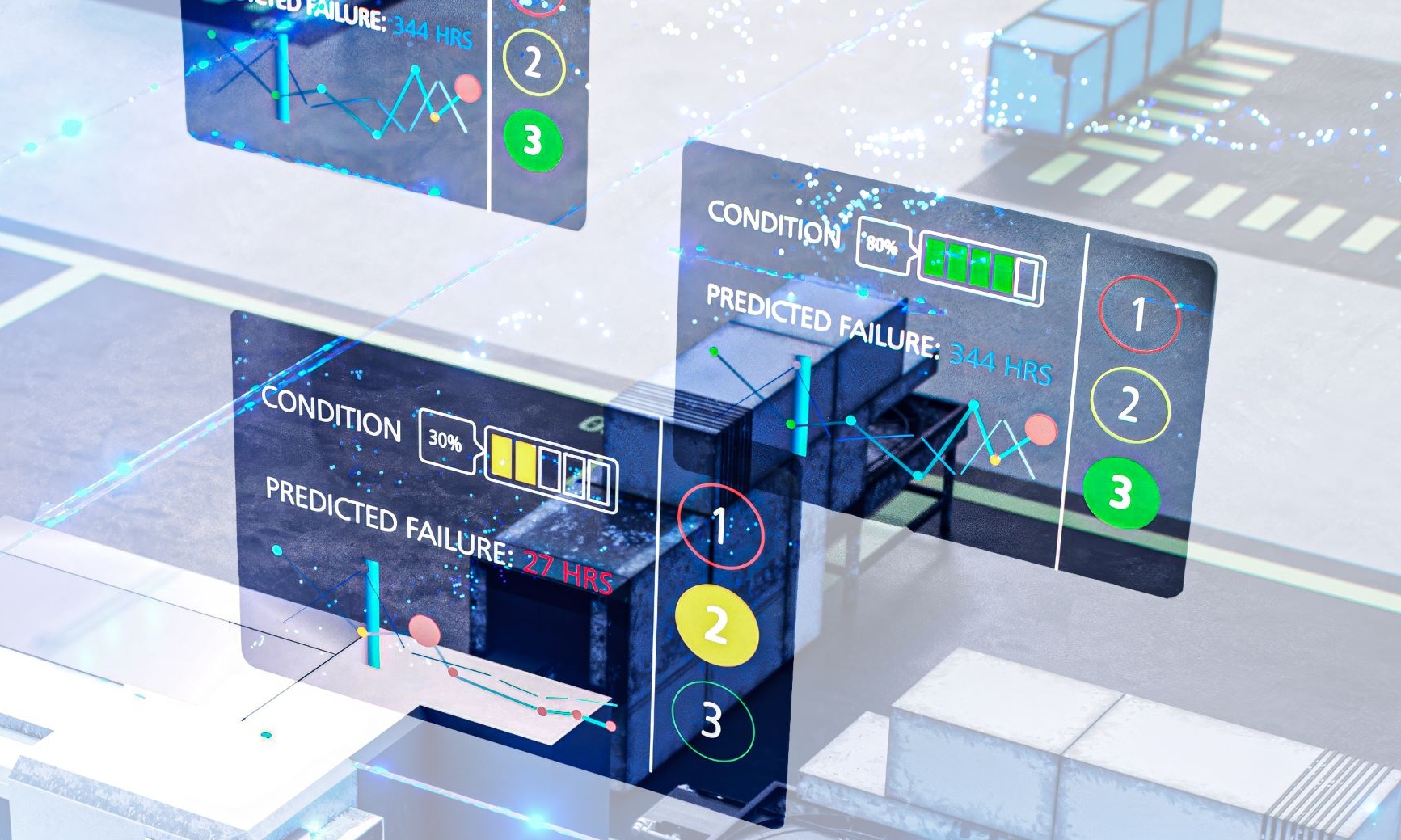 Futuristic factory scene showing digital interfaces displaying equipment condition, battery levels, and predicted failure analytics.