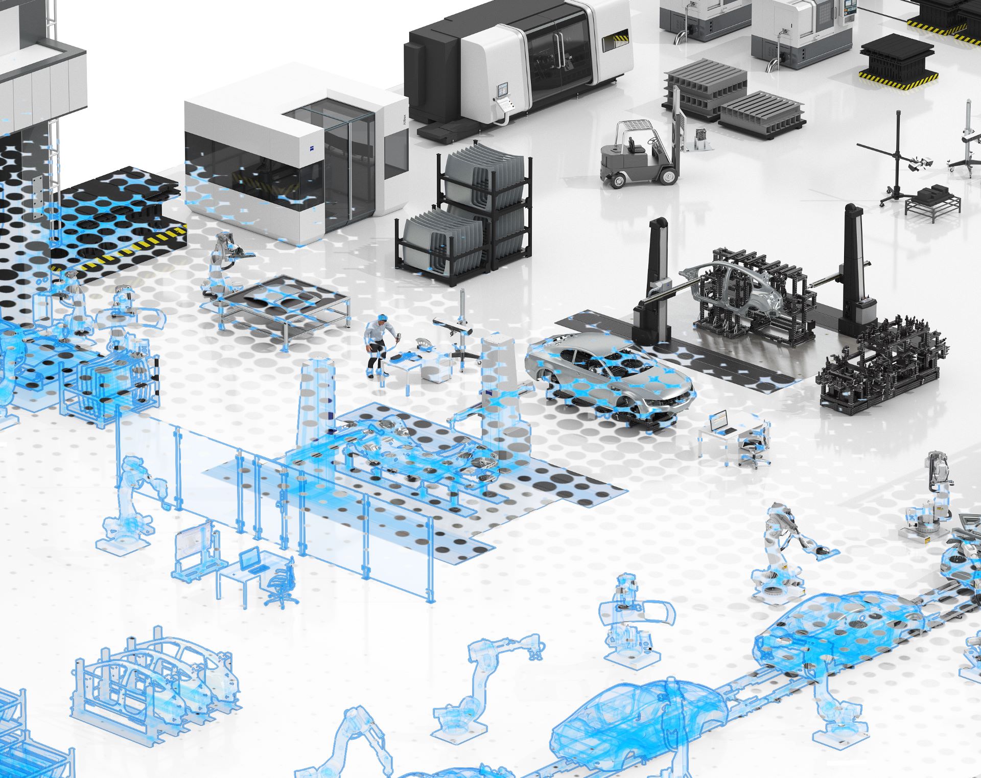 Digital dashboard displaying data analytics and performance metrics over a high-tech, automated factory environment.