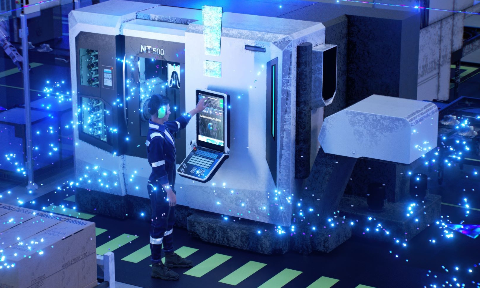 A technician operates a high-tech industrial machine in a futuristic factory environment with glowing blue digital data streams.