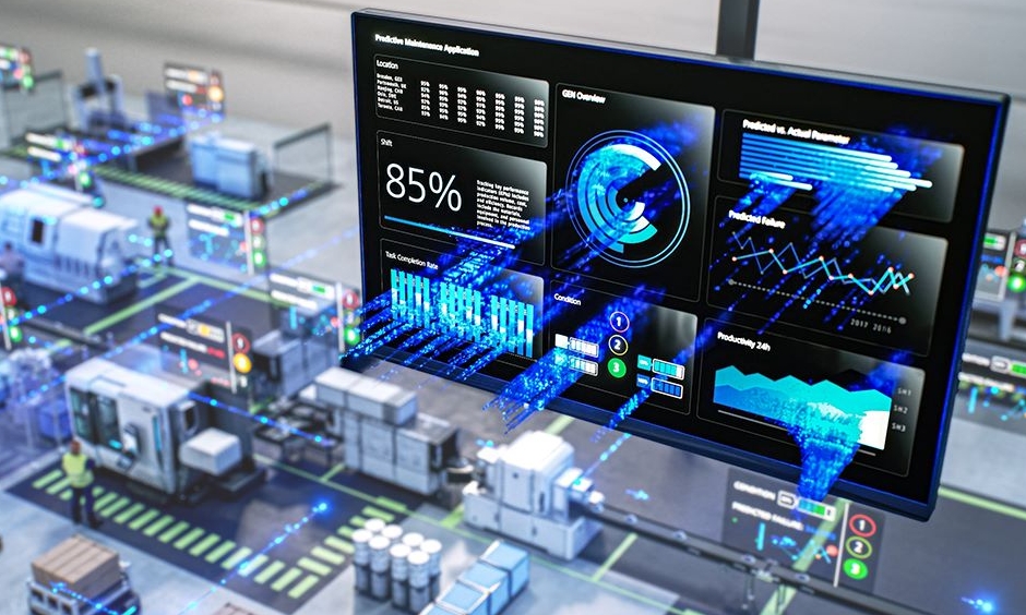 Digital rendering of a high-tech industrial manufacturing environment featuring automated machinery, robotic arms, vehicles, and various ZEISS measurement and inspection systems integrated throughout the production line.
