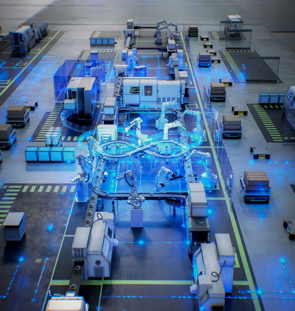 High-tech automated production line with robotic arms and digital network overlays, representing advanced manufacturing solutions by ZEISS.