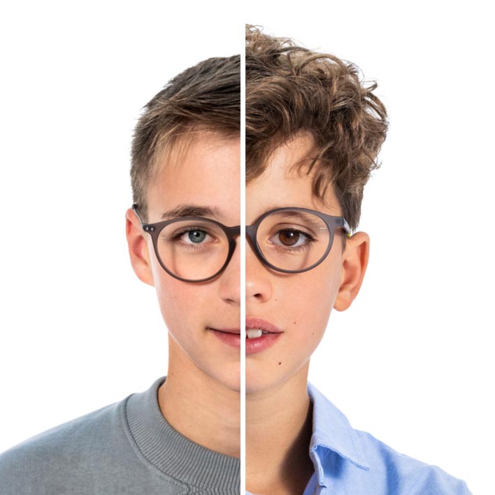 Eine Gesichtshälfte eines Teenagers neben einer Gesichtshälfte eines kleineren Jungen, dann ein Wechsel zum vollständigen Gesichtsporträt des Jungen. Dabei erscheinen ein Gesichts- und Fassungsscan