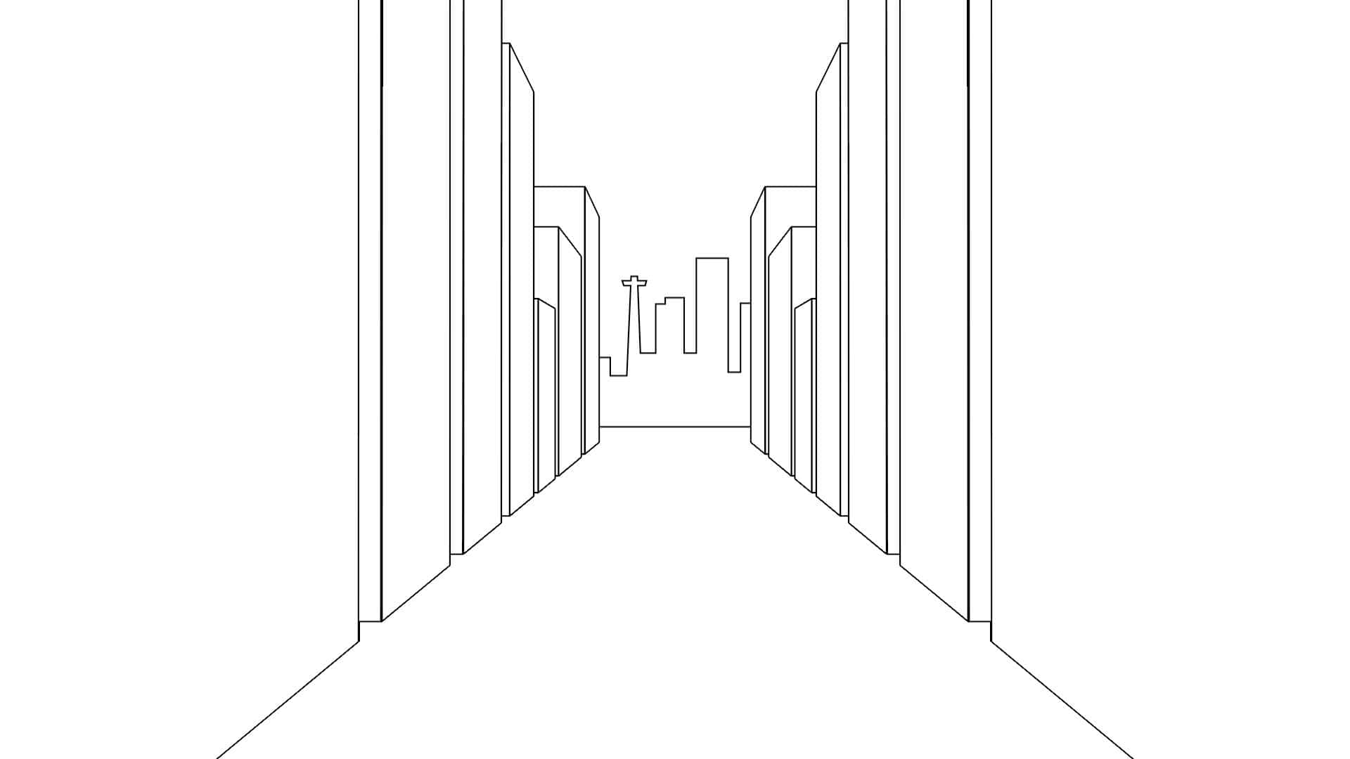 イラストで描かれた街を歩く人の視点、スマートフォンが現れる。