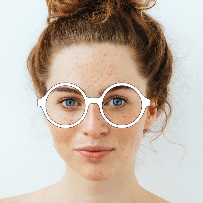 Young woman wearing illustrated glasses with measurements of the lenses, morphing from a round frame, to a cat-eye frame, to a square frame while the measurements adjust.